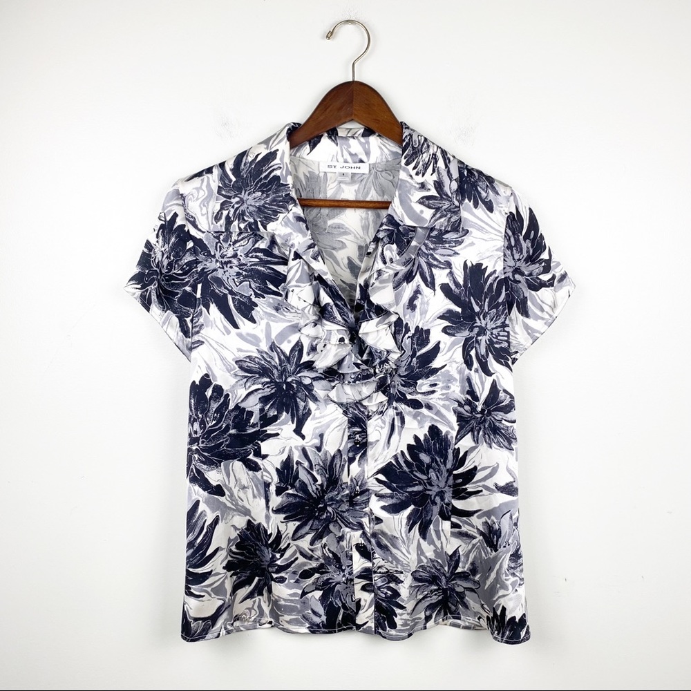 St. John Silk Floral Ruffle Blouse Short Sleeve